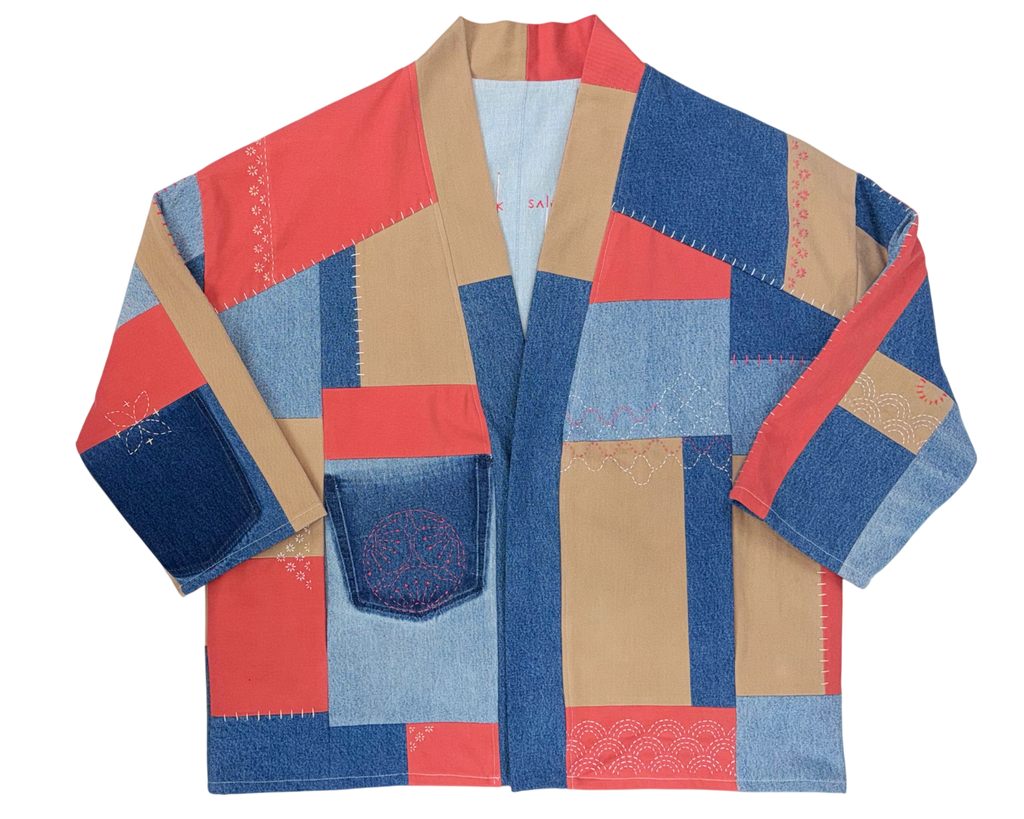 HAORI in colour block red/blue/beige