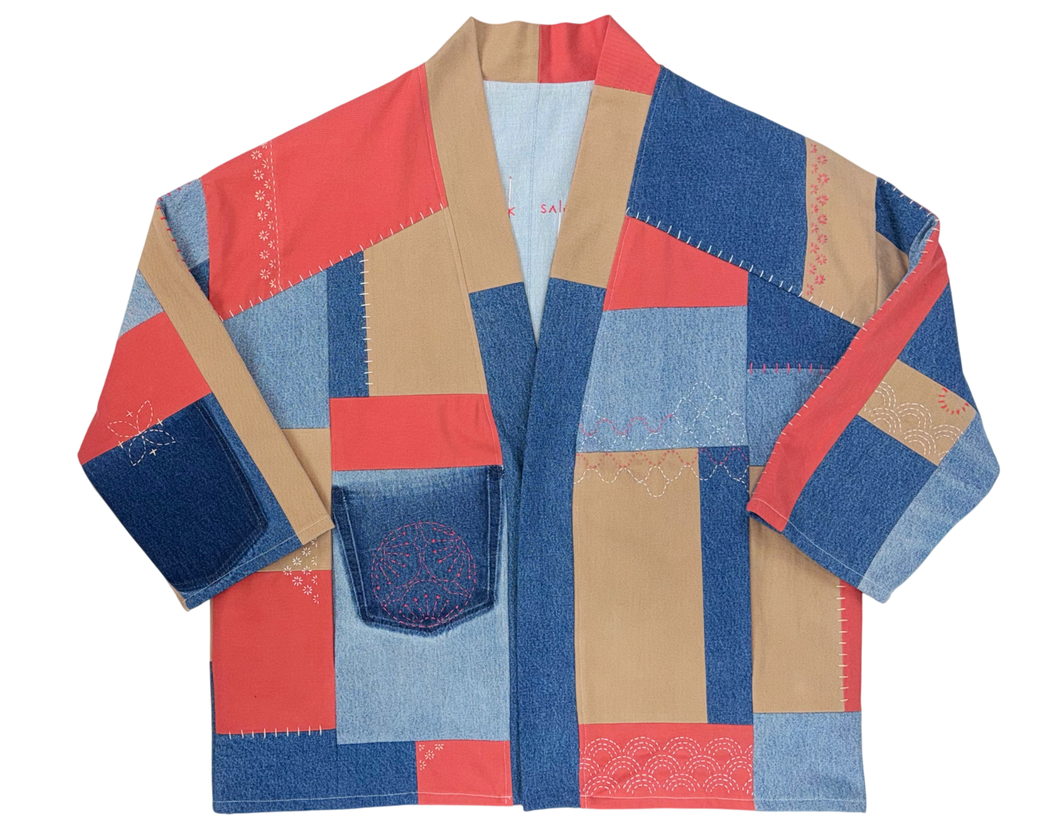 HAORI in colour block red/blue/beige