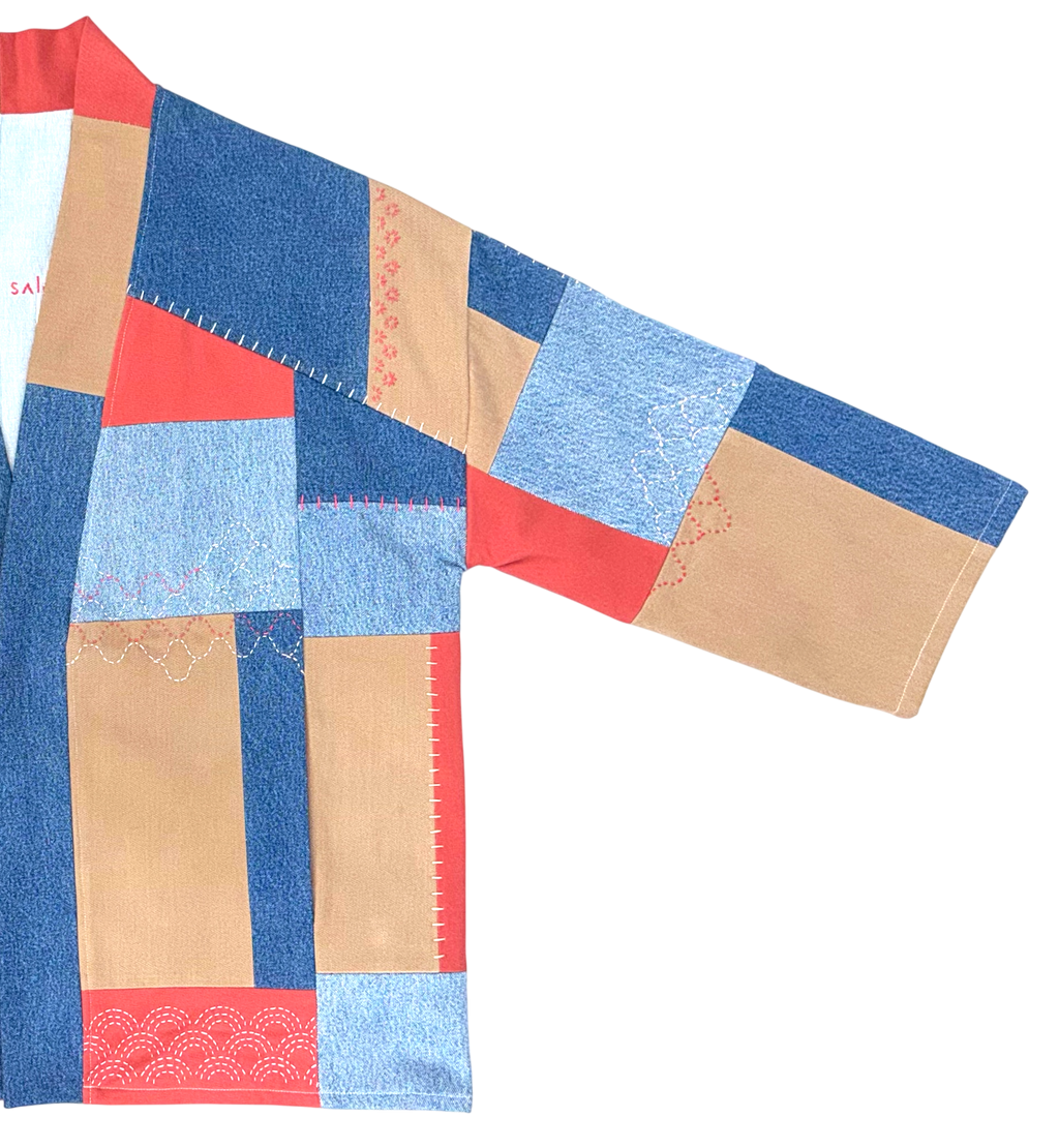 HAORI in colour block red/blue/beige