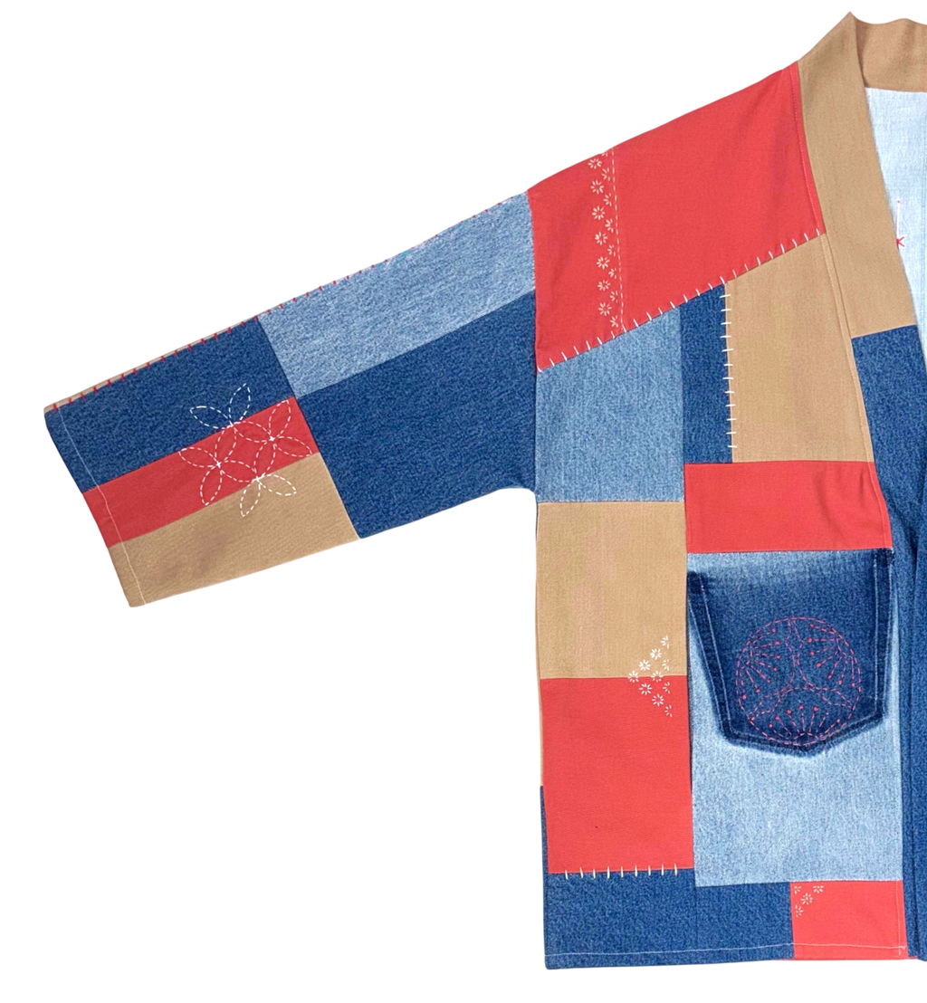 HAORI in colour block red/blue/beige