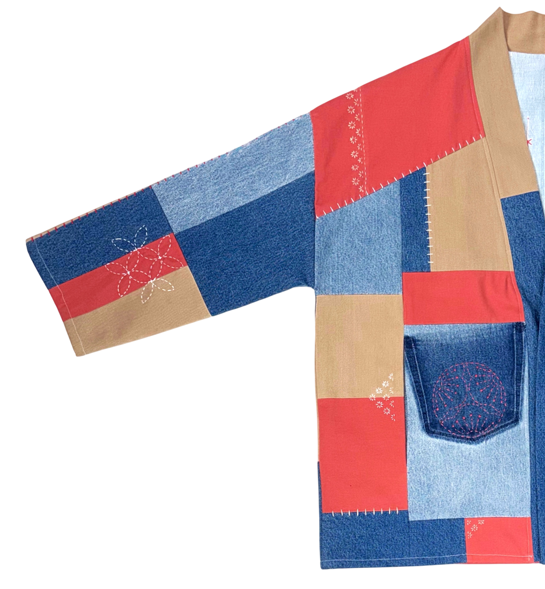 HAORI in colour block red/blue/beige