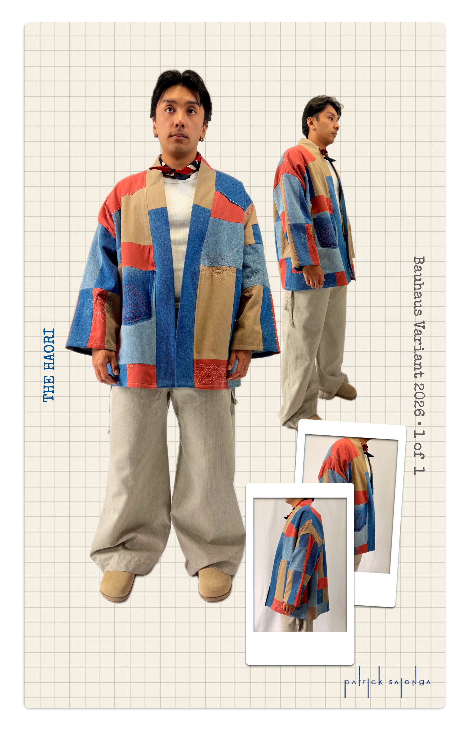 HAORI in colour block red/blue/beige